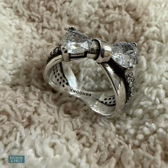 Pandora Sparkling Bow Crossover Ring Sterling Silver Cubic Zirconia Sz 5 - Picture 6 of 16